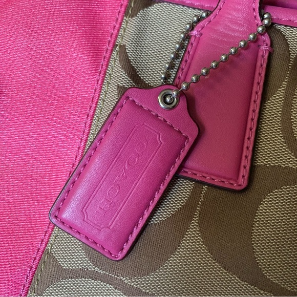 Coach J0969-F13533 Purse Signature Stripe Kisslock Khaki/Pink Jacquard Fabric - Picture 3 of 16